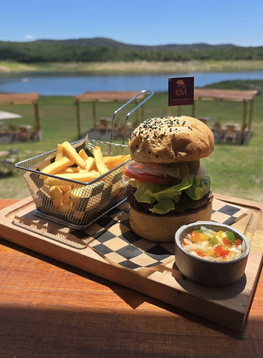 Hamburguesa con papas fritas, con el dique de fondo
